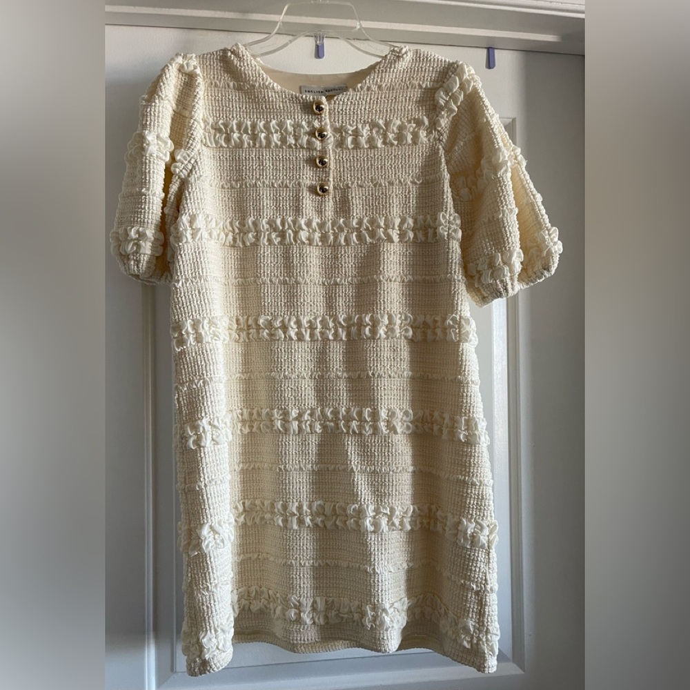 Cream Textured Knit Shift Dress with Button Placket
